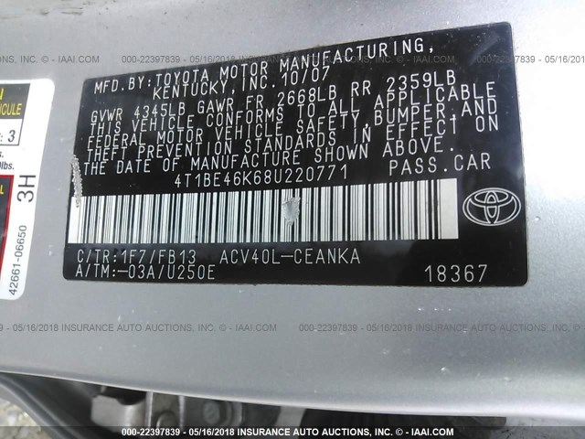 4T1BE46K68U220771 - 2008 TOYOTA CAMRY CE/LE/XLE/SE SILVER photo 9
