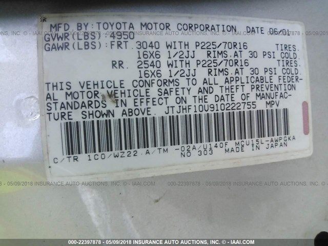 JTJHF10U910222755 - 2001 LEXUS RX 300 银色 照片 9