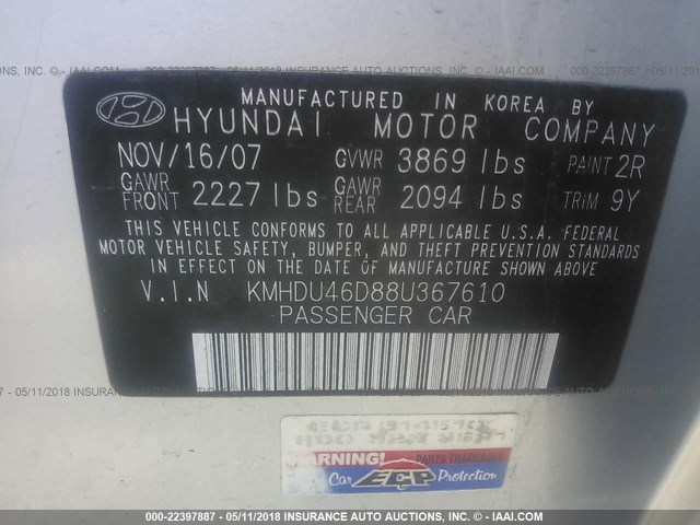 KMHDU46D88U367610 - 2008 HYUNDAI ELANTRA GLS/SE/LIMITED SILVER photo 9