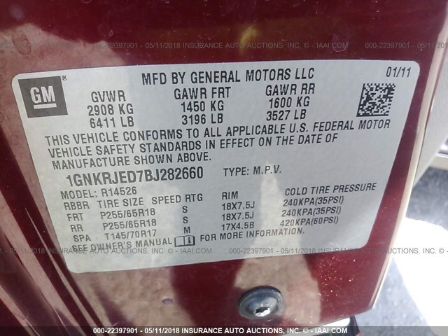 1GNKRJED7BJ282660 - 2011 CHEVROLET TRAVERSE LT BURGUNDY photo 9