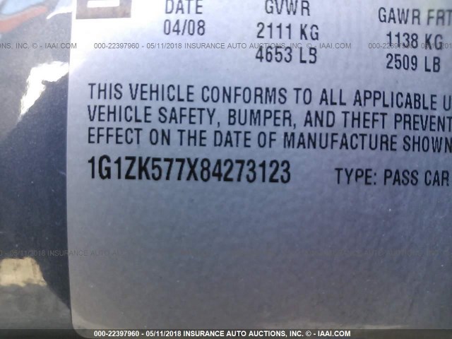 1G1ZK577X84273123 - 2008 CHEVROLET MALIBU LTZ 灰色 照片 9