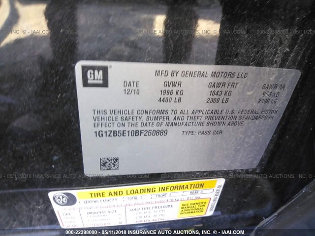 1G1ZB5E10BF260889 - 2011 CHEVROLET MALIBU LS 黑色 照片 9