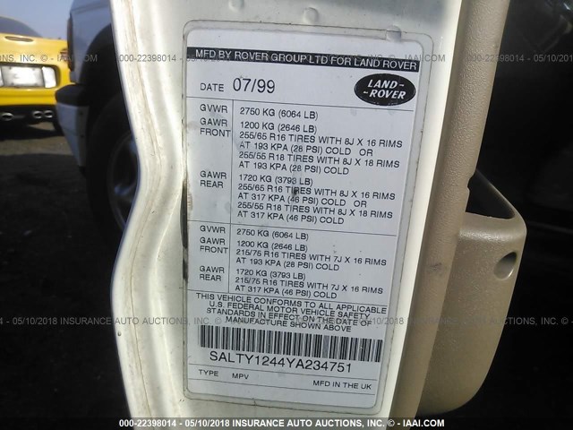 SALTY1244YA234751 - 2000 LAND ROVER DISCOVERY II  თეთრი ფოტო 9