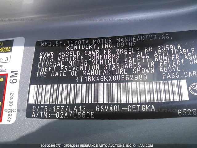 4T1BK46KX8U562989 - 2008 TOYOTA CAMRY LE/XLE/SE ნაცრისფერი ფოტო 9