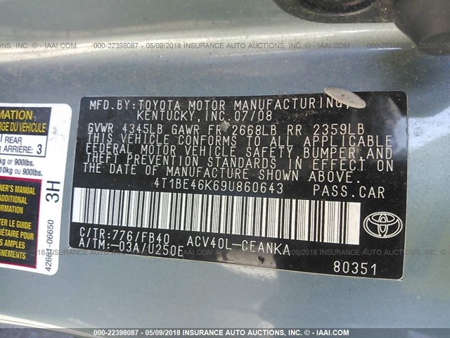 4T1BE46K69U860643 - 2009 TOYOTA CAMRY SE/LE/XLE 绿色 照片 9