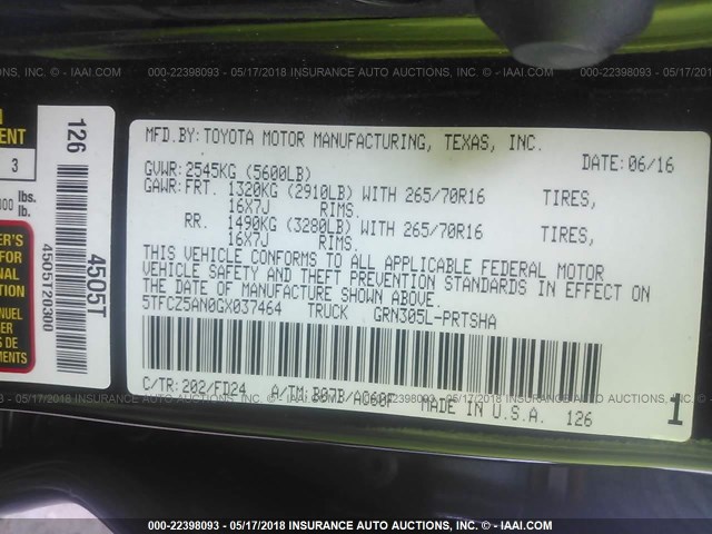 5TFCZ5AN0GX037464 - 2016 TOYOTA TACOMA DBL CAB/SR/SR5/TRD SPT/OR BLACK photo 9