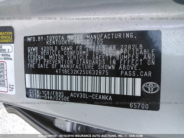 4T1BE32K25U632875 - 2005 TOYOTA CAMRY LE/XLE/SE TAN photo 9