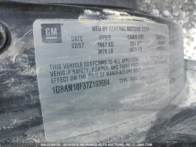 1G8AN18F37Z193684 - 2007 SATURN ION LEVEL 2 Boz foto 9