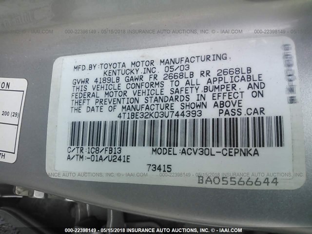 4T1BE32K03U744393 - 2003 TOYOTA CAMRY LE/XLE/SE ვერცხლისფერი ფოტო 9