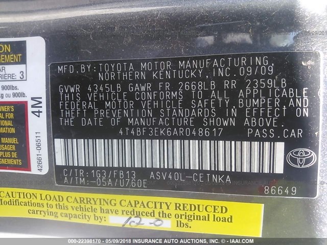 4T4BF3EK6AR048617 - 2010 TOYOTA CAMRY SE/LE/XLE GRAY photo 9