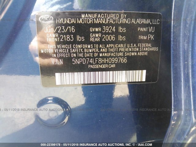 5NPD74LF8HH099766 - 2017 HYUNDAI ELANTRA SE BLUE photo 9