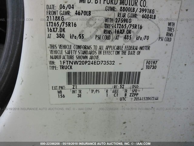 1FTNW20P24ED73532 - 2004 FORD F250 SUPER DUTY 白色 照片 9