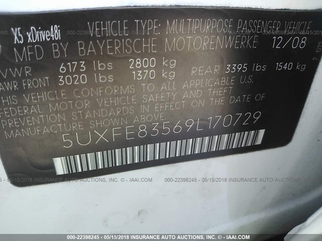 5UXFE83569L170729 - 2009 BMW X5 XDRIVE48I WHITE photo 9