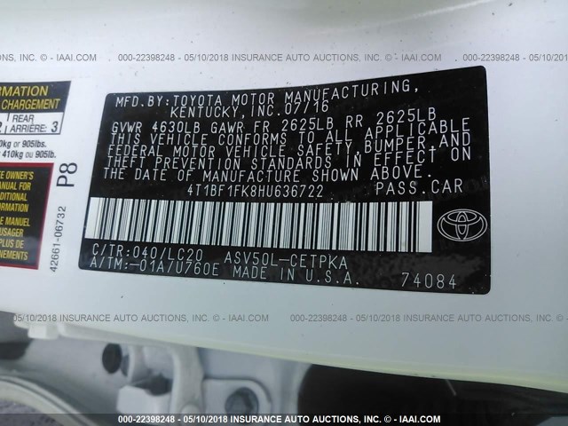 4T1BF1FK8HU636722 - 2017 TOYOTA CAMRY LE/XLE/SE/XSE WHITE photo 9