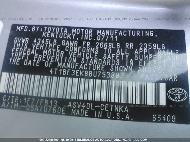 4T1BF3EK8BU753883 - 2011 TOYOTA CAMRY SE/LE/XLE SILVER photo 9
