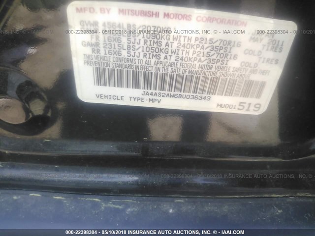 JA4AS2AW6BU036343 - 2011 MITSUBISHI OUTLANDER ES Qara foto 9