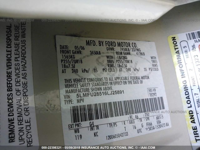 5LMFU28516LJ25891 - 2006 LINCOLN NAVIGATOR 白色 照片 9