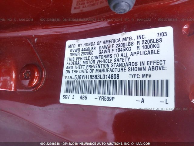 5J6YH18583L014808 - 2003 HONDA ELEMENT EX ORANGE photo 9