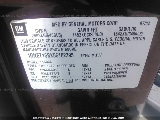 1GNET16SX56102395 - 2005 CHEVROLET TRAILBLAZER EXT LS/EXT LT MAROON photo 9