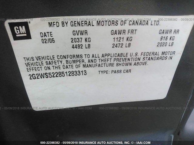 2G2WS522851283313 - 2005 PONTIAC GRAND PRIX GT GRAY photo 9