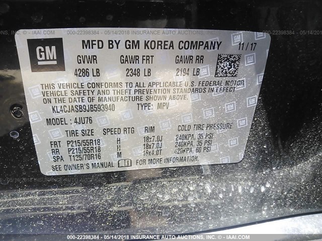 KL4CJASB9JB593940 - 2018 BUICK ENCORE PREFERRED Қара фото 9