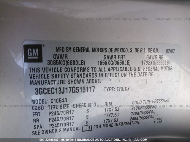 3GCEC13J17G515117 - 2007 CHEVROLET SILVERADO C1500 CREW CAB BEIGE photo 9