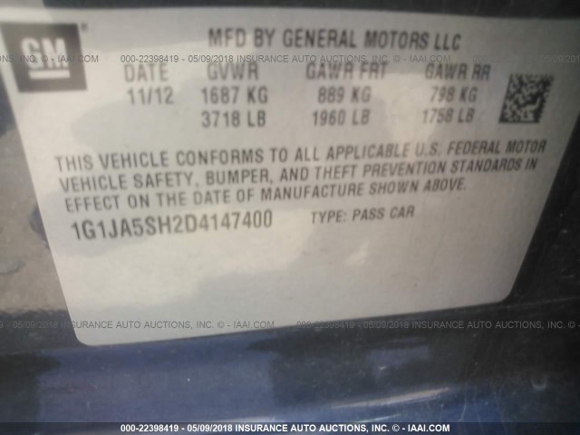 1G1JA5SH2D4147400 - 2013 CHEVROLET SONIC LS 灰色 照片 9