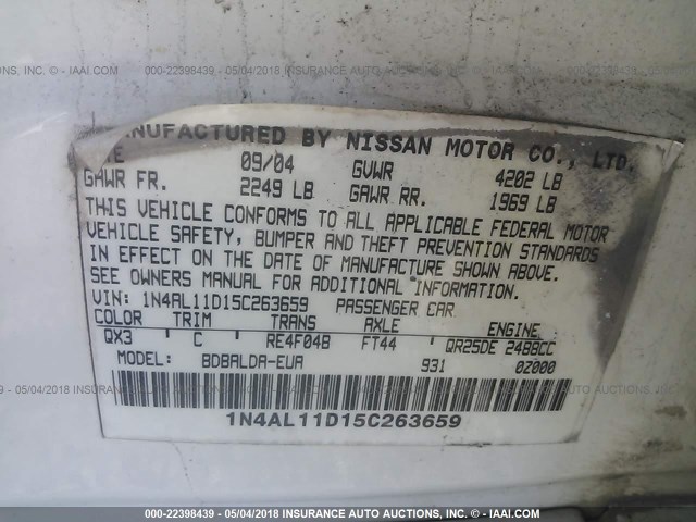 1N4AL11D15C263659 - 2005 NISSAN ALTIMA S/SL WHITE photo 9