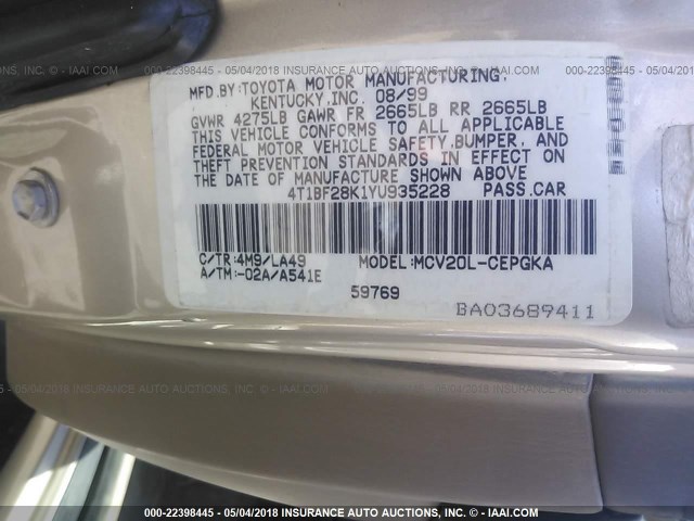 4T1BF28K1YU935228 - 2000 TOYOTA CAMRY LE/XLE Թուխ լուսանկար 9