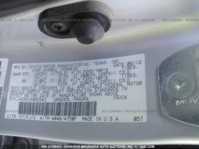 5TFLU4ENXCX045343 - 2012 TOYOTA TACOMA DOUBLE CAB ვერცხლისფერი ფოტო 9