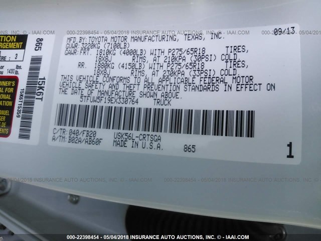 5TFUW5F19EX330764 - 2014 TOYOTA TUNDRA DOUBLE CAB SR/SR5 WHITE photo 9