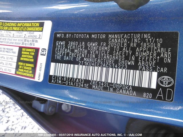 2T1KU4EE2AC514223 - 2010 TOYOTA COROLLA MATRIX  BLUE photo 9