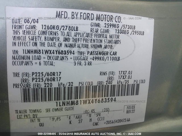 1LNHM81WX4Y683594 - 2004 LINCOLN TOWN CAR EXECUTIVE/SIGNATURE Yeşil fotoğraf 9