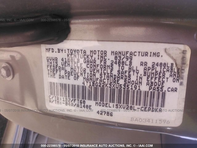 4T1BG22K3XU535191 - 1999 TOYOTA CAMRY CE/LE/XLE GRAY photo 9