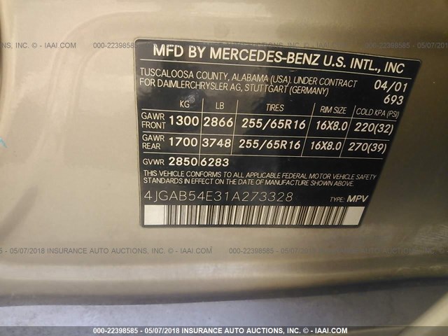 4JGAB54E31A273328 - 2001 MERCEDES-BENZ ML 320 BEIGE photo 9