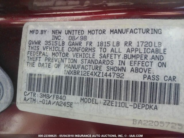 1NXBR12E4XZ144792 - 1999 TOYOTA COROLLA VE/CE/LE 红色 照片 9