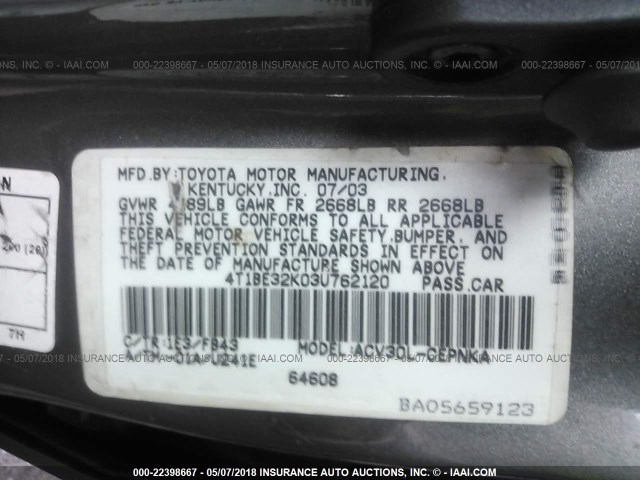 4T1BE32K03U762120 - 2003 TOYOTA CAMRY LE/XLE/SE 灰色 照片 9