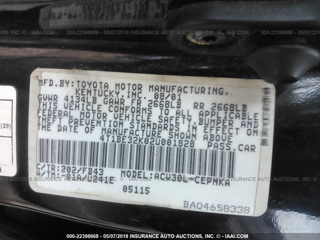 4T1BE32K02U001828 - 2002 TOYOTA CAMRY LE/XLE/SE შავი ფოტო 9