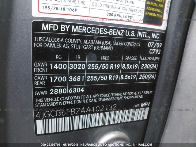 4JGCB6FB7AA102132 - 2010 MERCEDES-BENZ R 350 4MATIC GRAY photo 9