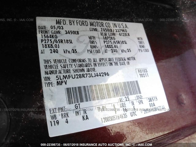 5LMFU28R73LJ44296 - 2003 LINCOLN NAVIGATOR მუქწითელი ფოტო 9