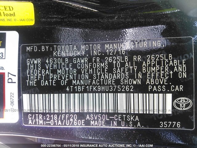 4T1BF1FK9HU375262 - 2017 TOYOTA CAMRY LE/XLE/SE/XSE BLACK photo 9