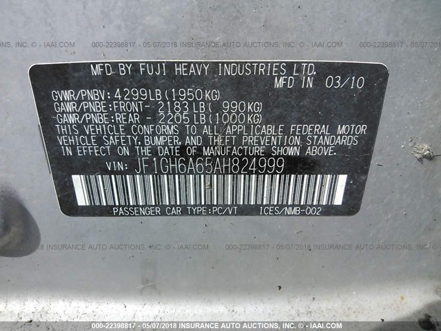 JF1GH6A65AH824999 - 2010 SUBARU IMPREZA 2.5I SILVER photo 9