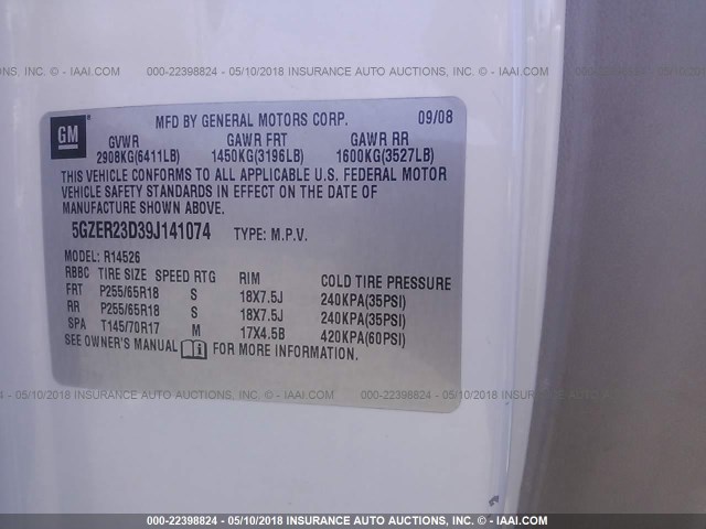 5GZER23D39J141074 - 2009 SATURN OUTLOOK XR თეთრი ფოტო 9