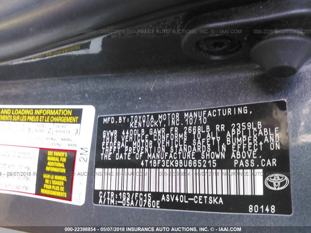 4T1BF3EK9BU665215 - 2011 TOYOTA CAMRY SE/LE/XLE GRAY photo 9