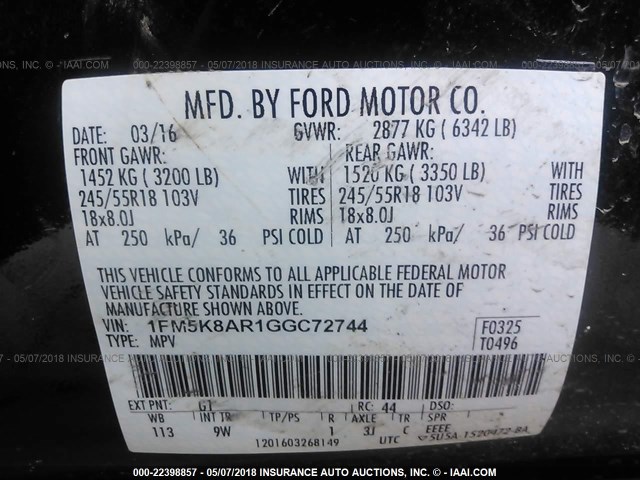 1FM5K8AR1GGC72744 - 2016 FORD EXPLORER POLICE INTERCEPTOR BLACK photo 9