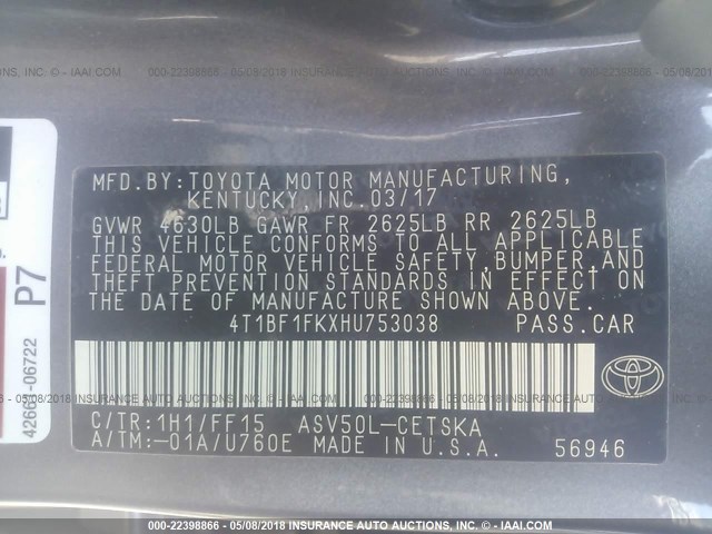 4T1BF1FKXHU753038 - 2017 TOYOTA CAMRY LE/XLE/SE/XSE GRAY photo 9