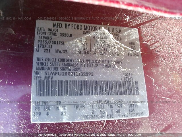 5LMFU28R21LJ32893 - 2001 LINCOLN NAVIGATOR 红色 照片 9