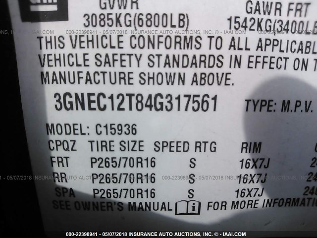 3GNEC12T84G317561 - 2004 CHEVROLET AVALANCHE C1500 BLACK photo 9