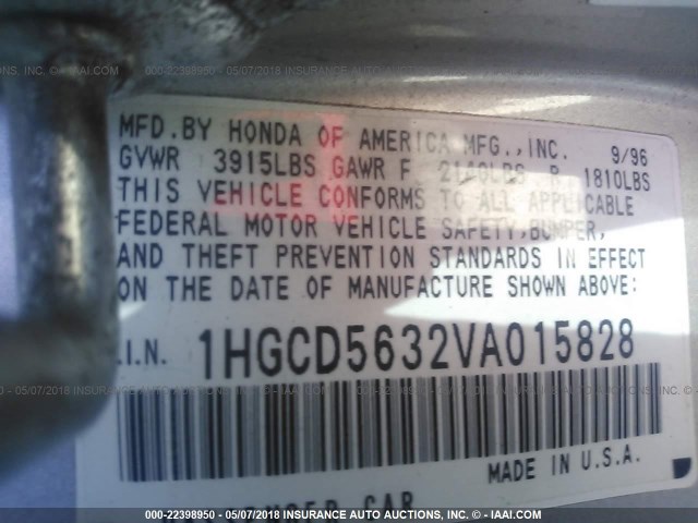 1HGCD5632VA015828 - 1997 HONDA ACCORD LX/EX TAN photo 9