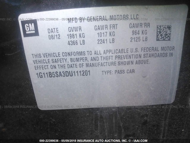 1G11B5SA3DU111201 - 2013 CHEVROLET MALIBU LS 黑色 照片 9